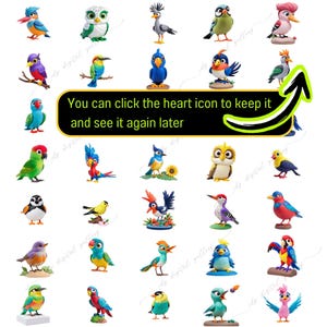 May include: A collection of 36 colorful bird figurines made of polymer clay. The birds are in various poses and have different colors and patterns.