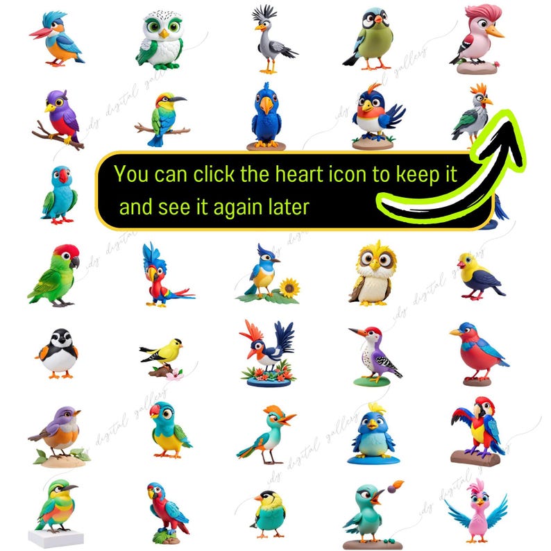 May include: A collection of 36 colorful bird figurines made of polymer clay. The birds are in various poses and have different colors and patterns.