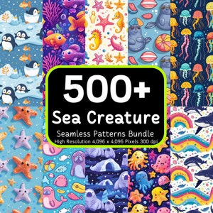 500+ süße Meereskreatur Nahtlose Muster bündeln, süßes Ozeantier, Doodle Nahtloses Muster, Nahtloses Bundle, 4K, 300 dpi, kommerzielle Nutzung