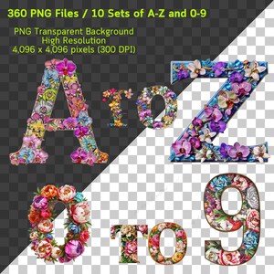 May include: 360 PNG files of floral alphabet letters and numbers. The letters A, Z, O, and the number 9 are shown. Each letter and number is made of colorful flowers.
