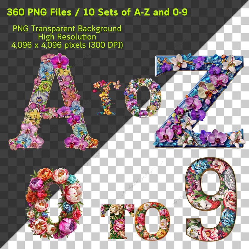 May include: 360 PNG files of floral alphabet letters and numbers. The letters A, Z, O, and the number 9 are shown. Each letter and number is made of colorful flowers.
