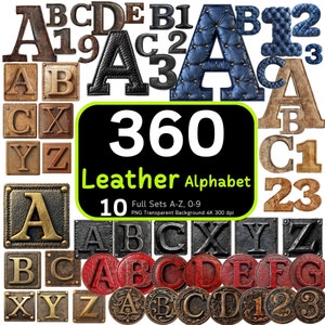 360 レザー アルファベット バンドル、レザー文字、エンボス加工レザー、レザー クリップアート、レザー PNG、アルファベット昇華、アルファベット番号パック