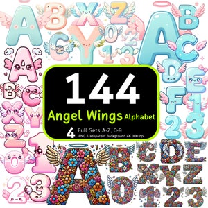 144 alfabetos y números de alas de ángel, letras lindas, alfabeto lindo, clipart de alas de ángel, PNG de alas de ángel, paquete de números del alfabeto, paquete de alfabeto