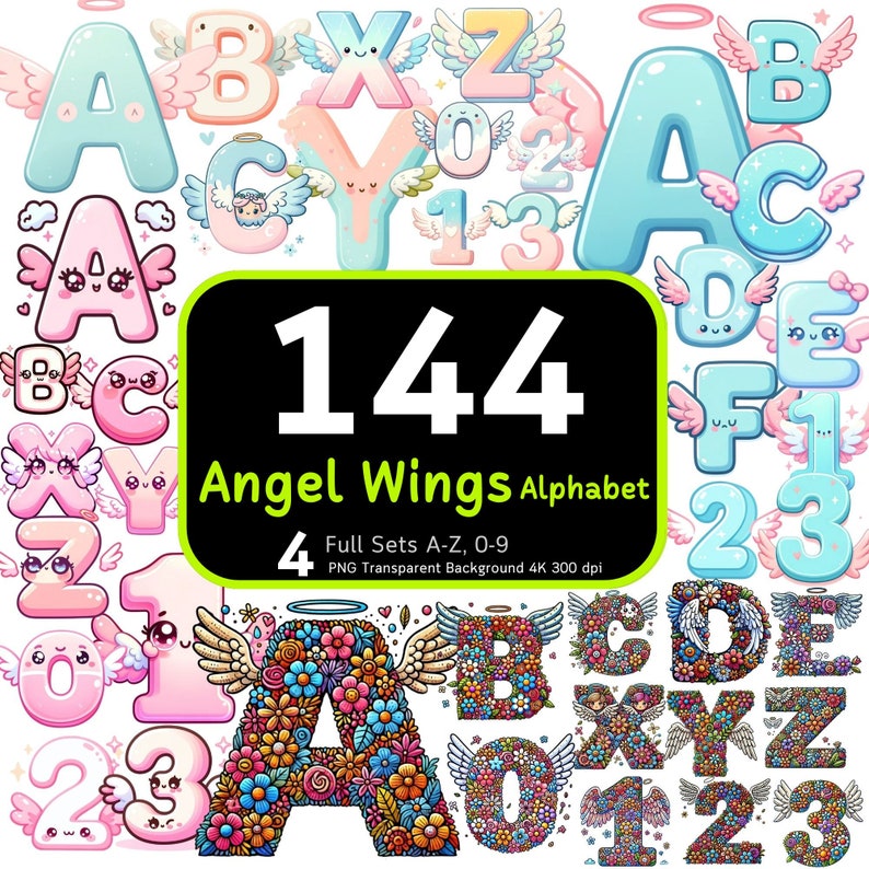 144 Angel Wings Alphabets & Numbers, Cute Letter, Cute Alphabet, Angel ...