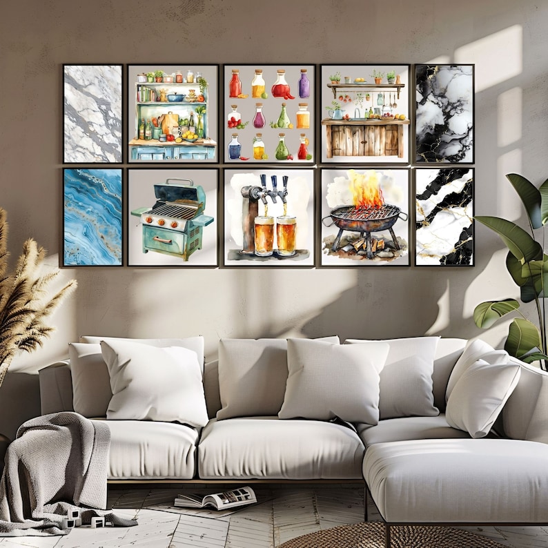 May include: A set of nine framed watercolor prints featuring various kitchen and bar themes. The prints include a marble design, a kitchen with shelves, a collection of bottles, a bar with taps, a grill with flames, and a blue and gold abstract design.
