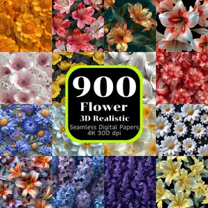Op de afbeelding: Een collage van 900 3D-realistische digitale bloemenpapieren. De papieren bevatten een verscheidenheid aan bloemen in verschillende kleuren en patronen, waaronder geel, rood, roze, blauw, wit en paars. De papieren zijn naadloos en kunnen worden gebruikt voor een verscheidenheid aan projecten, zoals scrapbooking, kaartmaken en digitaal ontwerp.