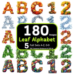 Pacote de alfabeto de 180 folhas, design de folhas, alfabeto de outono, alfabeto colorido PNG, sublimação de alfabeto, impressão de alfabeto digital, pacote de alfabeto