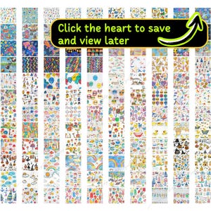 May include: A colorful grid of 60 squares, each filled with a different hand-drawn pattern. The patterns include rainbows, clouds, mushrooms, teapots, sunglasses, and more. The text "Click the heart to save and view later" is written across the top of the grid.