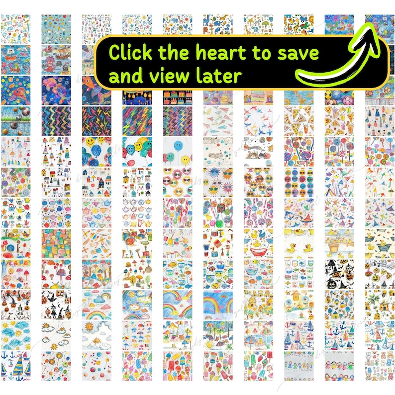 May include: A colorful grid of 60 squares, each filled with a different hand-drawn pattern. The patterns include rainbows, clouds, mushrooms, teapots, sunglasses, and more. The text "Click the heart to save and view later" is written across the top of the grid.