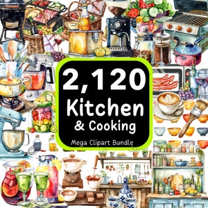 2,120 Akwarele Kuchenne Clipart Mega Bundle, Gotowanie Clipart, Kuchenne PNG Bundle, Narzędzia Kuchenne, 4K Wysoka Rozdzielczość, Użytek Komercyjny