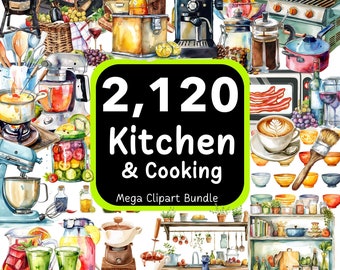 2,120 Watercolor Kitchen Clipart Mega Bundle, Cooking Clipart, Kitchen PNG Bundle, Kitchen Tools, 4K High-Resolution, Commercial Use