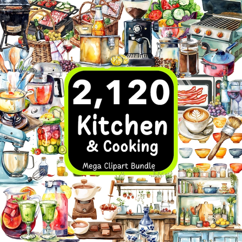 2,120 Watercolor Kitchen Clipart Mega Bundle, Cooking Clipart, Kitchen PNG Bundle, Kitchen Tools, 4K High-Resolution, Commercial Use image 1