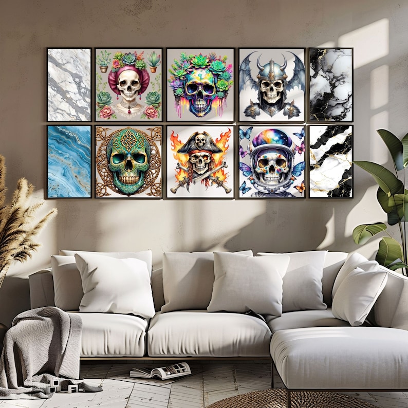 May include: A set of nine framed prints featuring colorful skull illustrations. The prints are arranged in a grid pattern on a wall above a white couch. The skulls are depicted in various styles, including a pirate skull, a viking skull, and a skull with flowers.