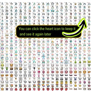 K&ouml;nnte beinhalten: Ein gro&szlig;es Raster mit bunten Comic-Bildern, darunter Pinguine, Tiere, Essen und andere niedliche Figuren. Der Text "You can click the heart icon to keep it and see it again later" wird oben im Raster angezeigt.