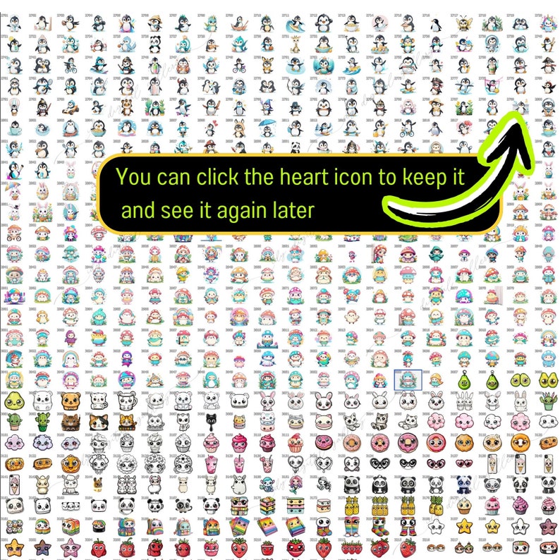 K&ouml;nnte beinhalten: Ein gro&szlig;es Raster mit bunten Comic-Bildern, darunter Pinguine, Tiere, Essen und andere niedliche Figuren. Der Text "You can click the heart icon to keep it and see it again later" wird oben im Raster angezeigt.