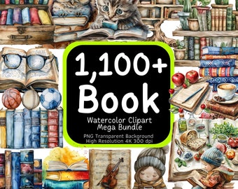 May include: A watercolour clipart bundle featuring over 1,100 images of books, owls, cats, and other illustrations. The images are perfect for creating digital or printed projects.