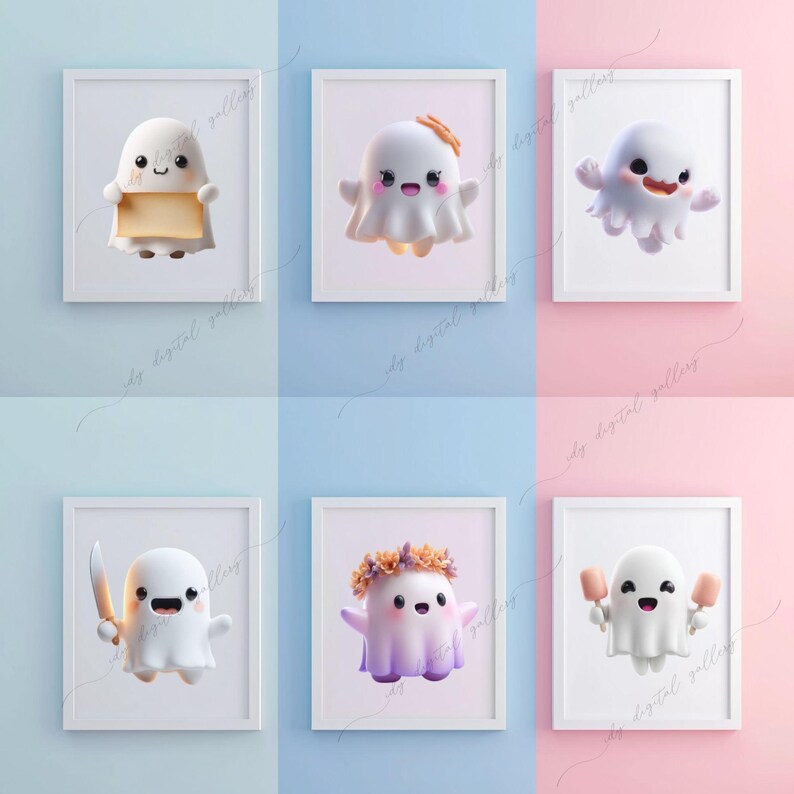May include: Six framed prints featuring cartoon ghosts with various accessories. The ghosts are white with black eyes and smiling mouths. One holds a blank sign, another has a bow, and others have a knife, flower crown, or ice cream. The background is split between blue and pink.