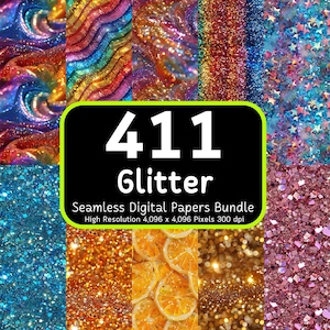 May include: A collage of 411 seamless glitter digital papers. The papers feature various colours and patterns, including rainbow, gold, blue, pink, and orange. The papers are high resolution, 4,096 x 4,096 pixels, and 300 dpi.