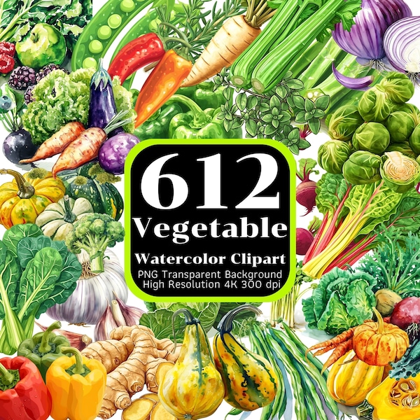 612 Watercolor Vegetable Cliparts, PNG Clipart, High-Resolution 4K with transparent background, Commercial Use