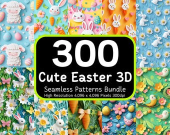May include: A digital download of 300 cute Easter 3D seamless patterns. The patterns feature bunnies, chicks, eggs, carrots, and flowers in a variety of colors. The patterns are high resolution, 4,096 x 4,096 pixels, and 300 dpi.