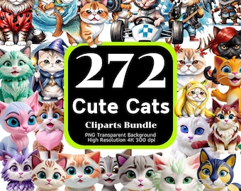 272 Cute Cat Clipart Bundle, Funny Cats, Watercolor Cats, Cat PNG, Kitten Clipart, Cliparts PNG, 4K High-Resolution, Commercial Use