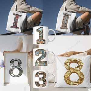 May include: A set of home decor items featuring the numbers 1, 2, 3, and 8. The numbers are made of different materials, including fabric, metal, and paper. The items include a tote bag, a mug, a pillow, and a framed print.
