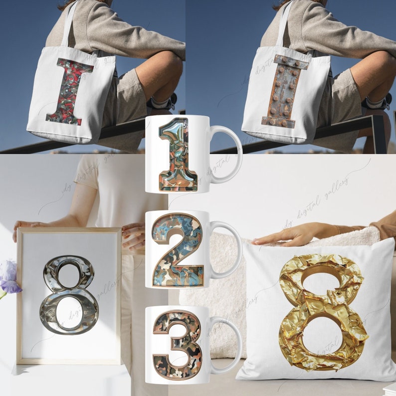 May include: A set of home decor items featuring the numbers 1, 2, 3, and 8. The numbers are made of different materials, including fabric, metal, and paper. The items include a tote bag, a mug, a pillow, and a framed print.