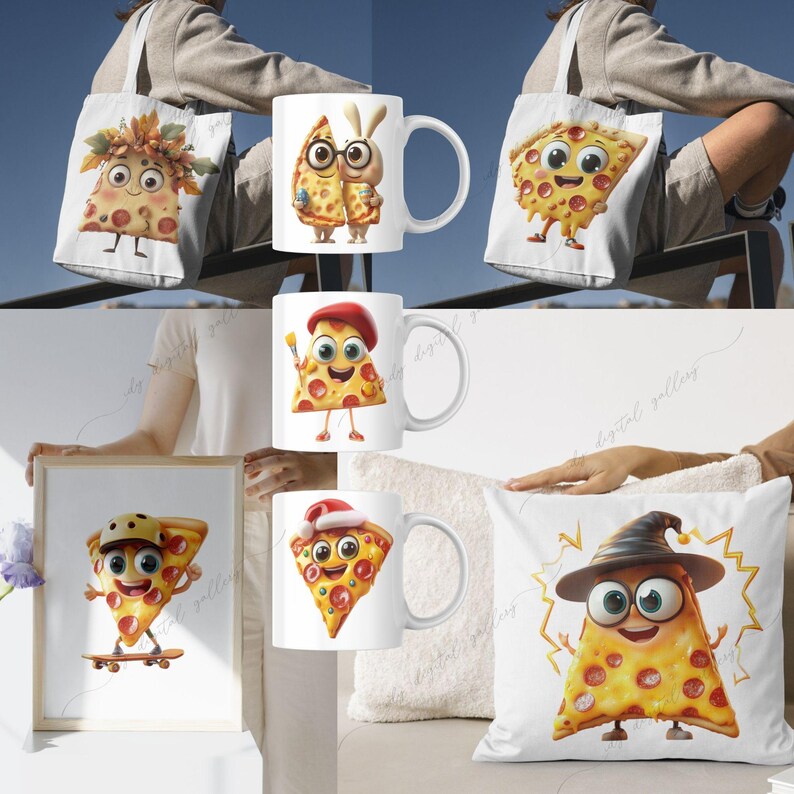 Op de afbeelding: Een set van vijf verschillende ontwerpen van pizzapunt-mokken, draagtassen en kussenslopen. Elk ontwerp heeft een cartoon pizzapunt met een andere uitdrukking en persoonlijkheid. De mokken zijn wit met een zwarte handgreep. De draagtassen zijn wit met zwarte handgrepen. De kussenslopen zijn wit met een zwarte rits. De ontwerpen omvatten een pizzapunt met een kwast, een pizzapunt met een heksenhoed, een pizzapunt met een helm, een pizzapunt met een konijn en een pizzapunt met een hart.