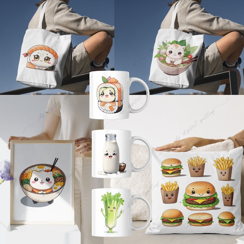 K&ouml;nnte beinhalten: Ein Set aus f&uuml;nf Bechern mit niedlichen Comicfiguren, die verschiedene japanische Gerichte genie&szlig;en. Die Becher sind wei&szlig; mit bunten Illustrationen von einer Sushi-Rolle, einer Sch&uuml;ssel Ramen, einem Glas Milch, einem Selleriestange und einer Sch&uuml;ssel Sushi.