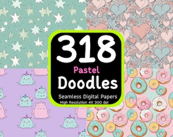 Op de afbeelding: Een set van vier digitale papierontwerpen met pastelkleurige doodles. De ontwerpen omvatten sterren, harten, donuts en schattige monsters. De tekst "318 Pastel Doodles Seamless Digital Papers High Resolution 4K 300 dpi" wordt weergegeven op de afbeelding.