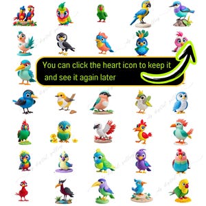 May include: A collection of 36 colorful bird figurines, each with unique designs and poses. The birds are made of a clay-like material and have a whimsical, cartoonish style.