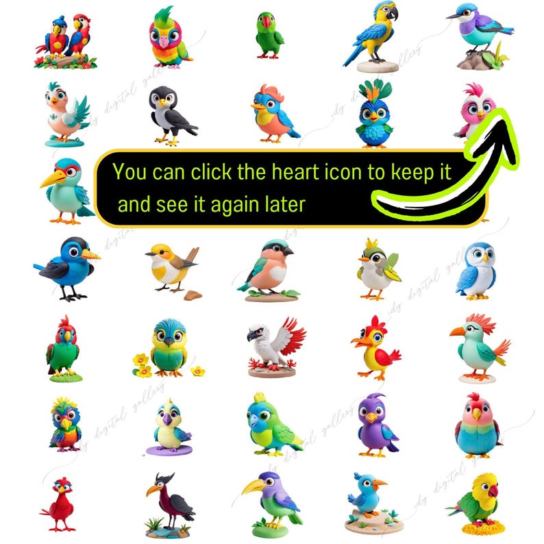 May include: A collection of 36 colorful bird figurines, each with unique designs and poses. The birds are made of a clay-like material and have a whimsical, cartoonish style.