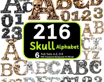 May include: Six sets of skull alphabet letters and numbers in gold, silver, and white. The letters and numbers are made of skulls and bones. The image includes the text "216 Skull Alphabet 6 Full Sets A-Z, 0-9 PNG Transparent Background 4K 300 dpi".