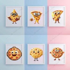 Op de afbeelding: Zes witte frames met kleurrijke achtergronden tonen cartoon pizzaschijven met verschillende uitdrukkingen. De pizzaschijven dragen een bril, houden een kopje koffie vast, houden een zwaard vast en glimlachen.