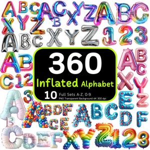 360 buntes aufgeblasenes Alphabet-Bundle, aufgeblasene Buchstaben, buntes Alphabet, aufgeblasenes Clipart, Alphabet PNG, Alphabet-Zahlenpaket, PNG-Bundle