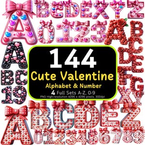 144 Pacote de alfabeto e números fofos de dia dos namorados, letras de coração PNG, clipart de dia dos namorados PNG, conjunto de letras de dia dos namorados, sublimação de dia dos namorados, 300DPI