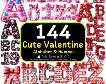 144 Cute Valentine Alphabet & Numbers Bundle, Heart Letters PNG, Valentine Clipart PNG, Valentine Letter Set, Valentine Sublimation, 300DPI