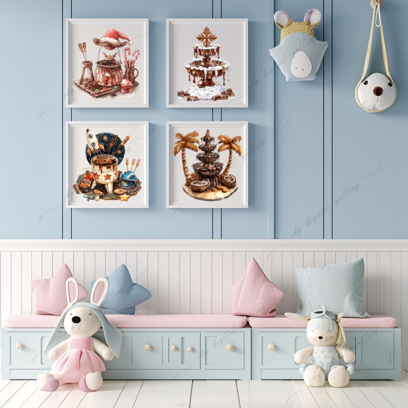 K&ouml;nnte beinhalten: Vier Aquarellbilder von Schokoladenbrunnen, jedes mit einem anderen Thema. Das erste zeigt einen Weihnachtsbrunnen mit einem Weihnachtsmann-Hut und Zuckerstangen. Das zweite zeigt einen einfachen Schokoladenbrunnen. Das dritte zeigt einen Brunnen mit Weltraumthema. Das vierte zeigt einen Brunnen mit tropischem Thema.