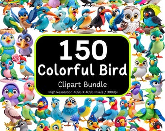 150 Colorful Bird Clipart Bundle, Cute Bird PNG, Baby Animal Clip art, 3d Sublimation Designs, Transparent Background PNG, Commercial Use