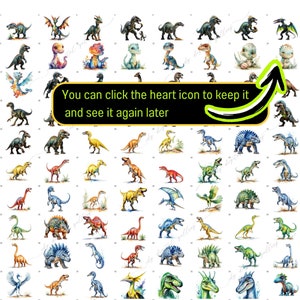 May include: A collection of 48 watercolor illustrations of different dinosaurs, each with unique colors and details. The dinosaurs are depicted in various poses, some standing, some walking, and some flying. The illustrations are set against a white background.