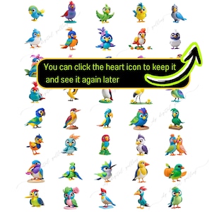 May include: A collection of 36 colorful cartoon bird illustrations. The birds are in various poses and have different colors and patterns. Some birds are holding objects, such as a pumpkin, a flower, or a heart. The birds are all on a white background.