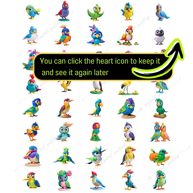 May include: A collection of 36 colorful cartoon bird illustrations. The birds are in various poses and have different colors and patterns. Some birds are holding objects, such as a pumpkin, a flower, or a heart. The birds are all on a white background.