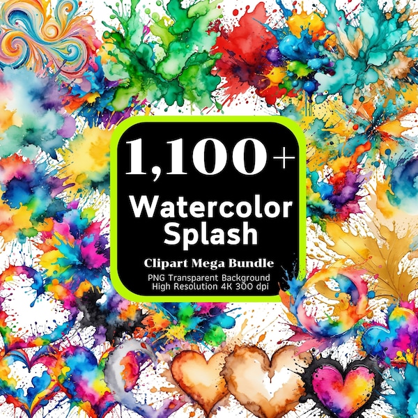 1.100+ Aquarell Splash Clipart Mega Bundle, Alkohol Tinte, Farbspritzer, Aquarell Splash png, Clipart Bundle, 4K hochauflösend