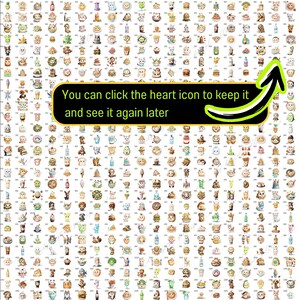 K&ouml;nnte beinhalten: Ein farbenfrohes Raster mit 100 illustrierten Lebensmitteln, jedes mit einem einzigartigen Charakter. Die Lebensmittel umfassen Donuts, Eiscreme, Pizza, Sandwiches und vieles mehr. Der Text "You can click the heart icon to keep it and see it again later" wird oben im Bild angezeigt.
