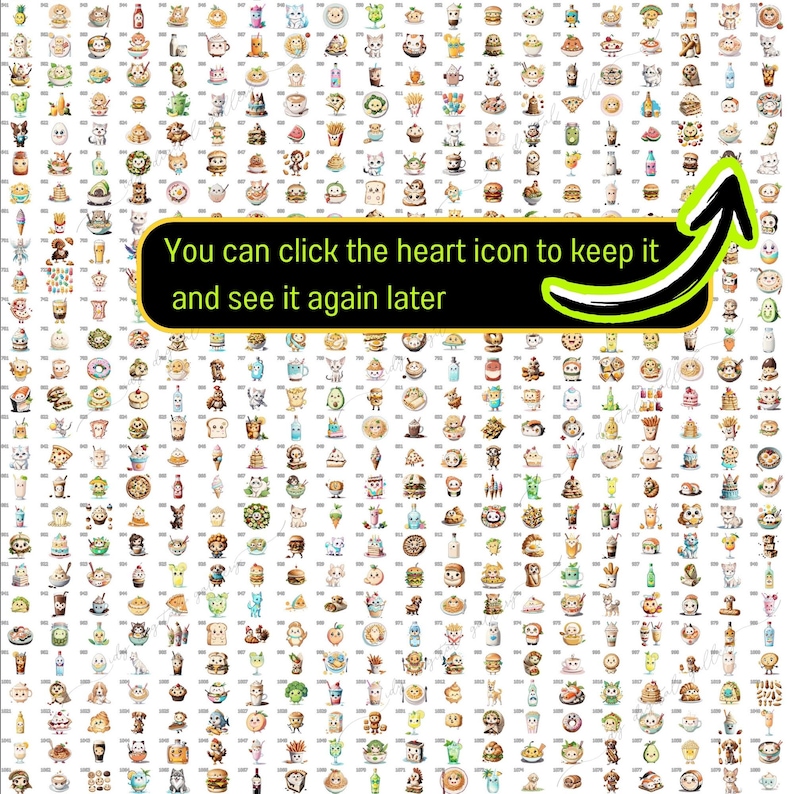 K&ouml;nnte beinhalten: Ein farbenfrohes Raster mit 100 illustrierten Lebensmitteln, jedes mit einem einzigartigen Charakter. Die Lebensmittel umfassen Donuts, Eiscreme, Pizza, Sandwiches und vieles mehr. Der Text "You can click the heart icon to keep it and see it again later" wird oben im Bild angezeigt.
