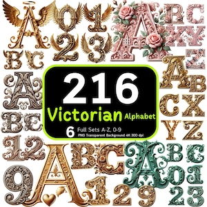216 ビクトリア朝のアルファベットと数字、ビクトリア朝の文字、花柄のアルファベット、ゴールド アルファベット PNG、アルファベット番号パック、アルファベット バンドル、高解像度