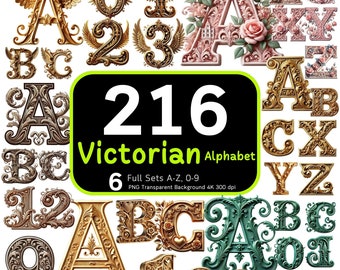 216 Victorian Alphabets & Numbers, Victorian Letters, Floral Alphabets, Gold Alphabet PNG, Alphabet Number Pack, Alphabet Bundle, High-Res