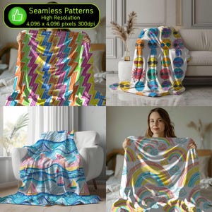 May include: Four different colorful throw blankets with hand-drawn designs. The designs include lightning bolts, smiley faces, waves, and rainbows. The blankets are all white with colorful designs.