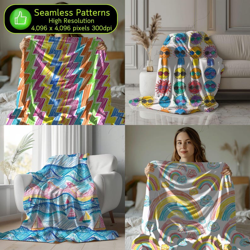 May include: Four different colorful throw blankets with hand-drawn designs. The designs include lightning bolts, smiley faces, waves, and rainbows. The blankets are all white with colorful designs.