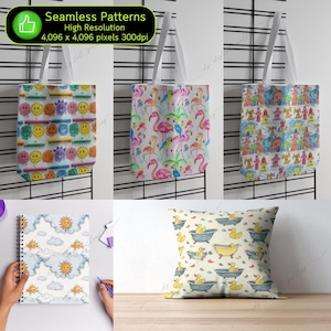 May include: Four different tote bags with various colorful patterns. The patterns include smiley faces with crayons, flamingos, fire hydrants, and suns with clouds. The bags are hanging on a metal grid.